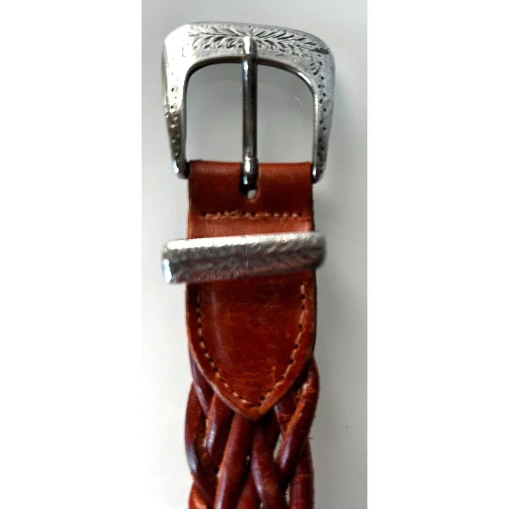 Braided Leather Belt Etched Silver Plate Buckle Made in Argentina Brown S
